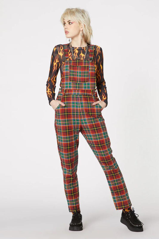 Image of a model wearing Pants. Productname: Wichita Tartan Long Overall in Red colour by brand - Dangerfield