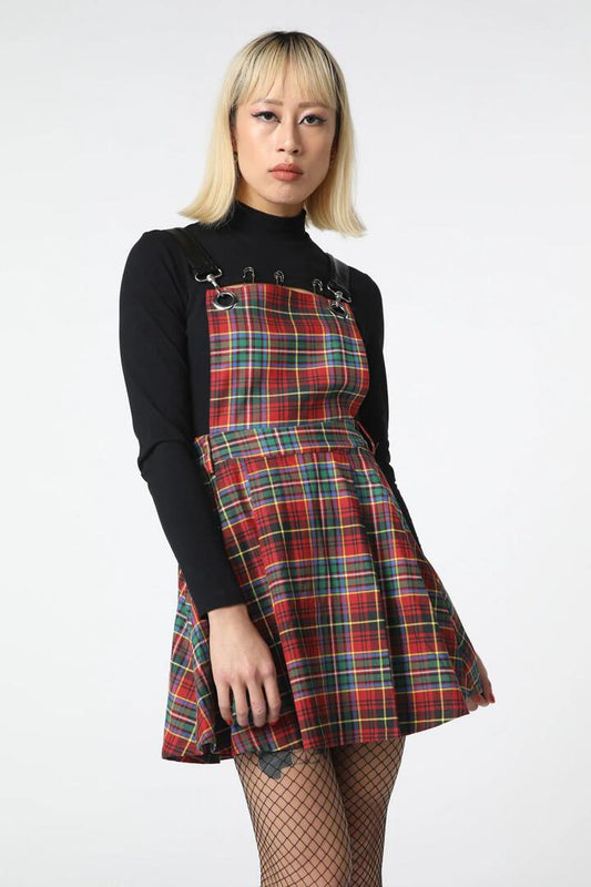 Image of a model wearing Dress. Productname: Wichita Tartan Punk Pinny in Red colour by brand - Dangerfield