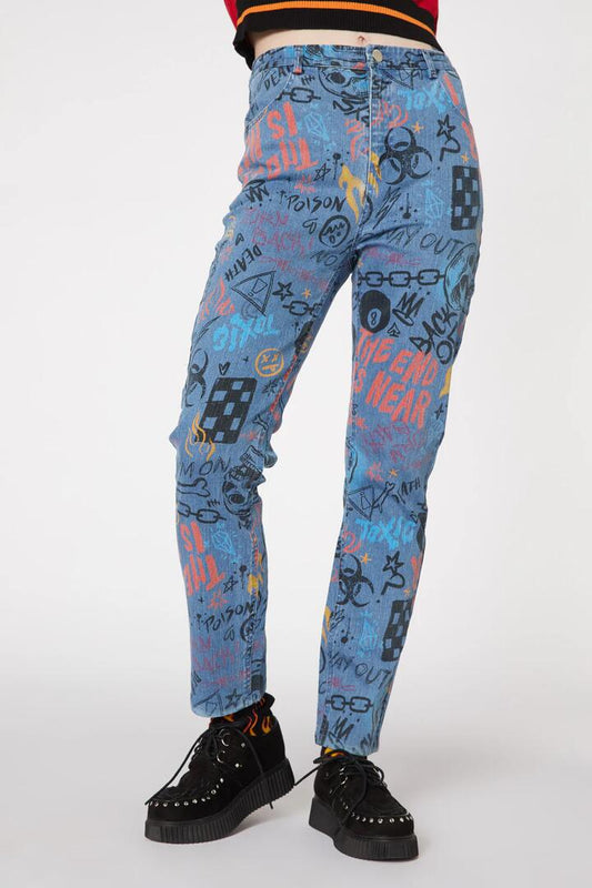Image of a model wearing Denim. Productname: Graffiti Denim Slim Jean in Blue colour by brand - Dangerfield