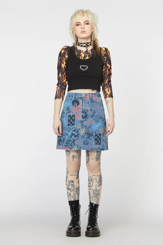 Image of a model wearing Denim. Productname: Graffiti Denim Mini Skirt in Blue colour by brand - Dangerfield
