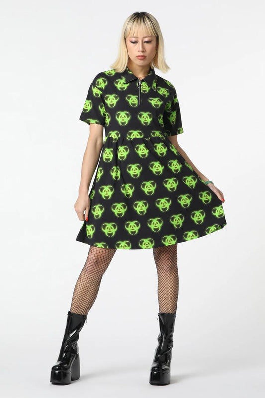 Image of a model wearing Dress. Productname: Biohazard Print Smock Dress in Black colour by brand - Dangerfield