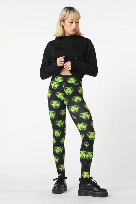 Image of a model wearing Pants. Productname: Biohazard Print Legging in Black colour by brand - Dangerfield