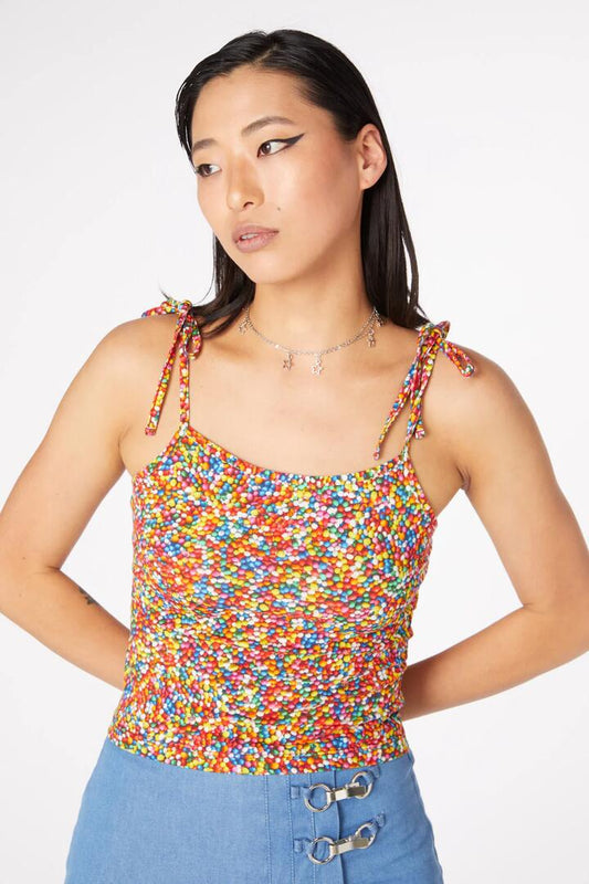 Image of a model wearing Tops. Productname: Sprinkle Cotton Singlet in Rainbow colour by brand - Dangerfield