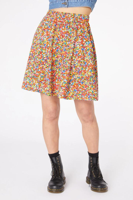 Image of a model wearing Skirts. Productname: SprinkleCottonSkaterSkir in Rainbow colour by brand - Dangerfield
