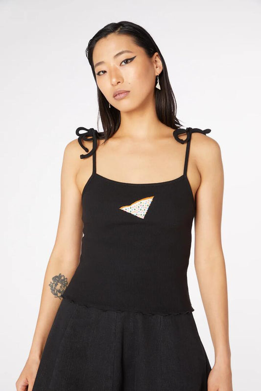 Image of a model wearing Tops. Productname: Fairy Bread Rib Singlet in Black colour by brand - Dangerfield