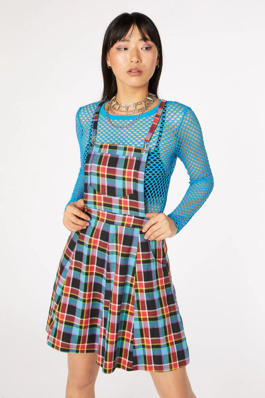 Image of a model wearing Dress. Productname: Rainbow Tartan Pinafore in Rainbow colour by brand - Dangerfield