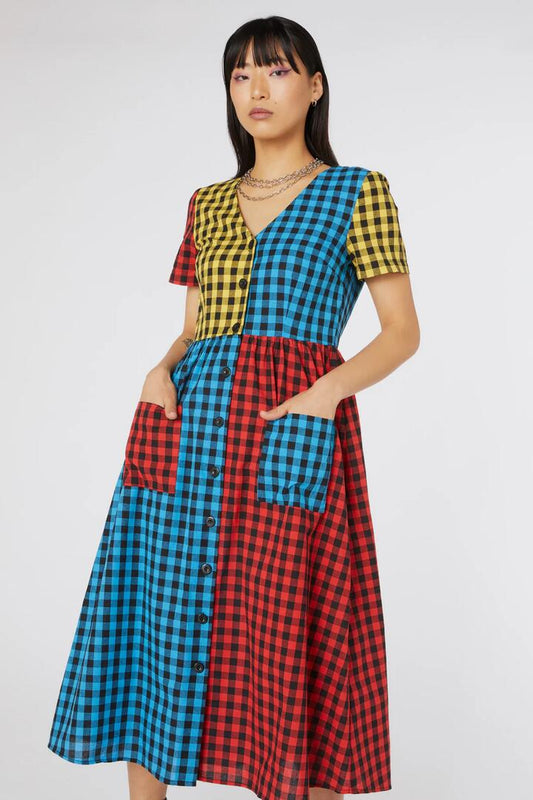 Image of a model wearing Dress. Productname: Festive Gingham Midi Dress in Multi colour by brand - Dangerfield
