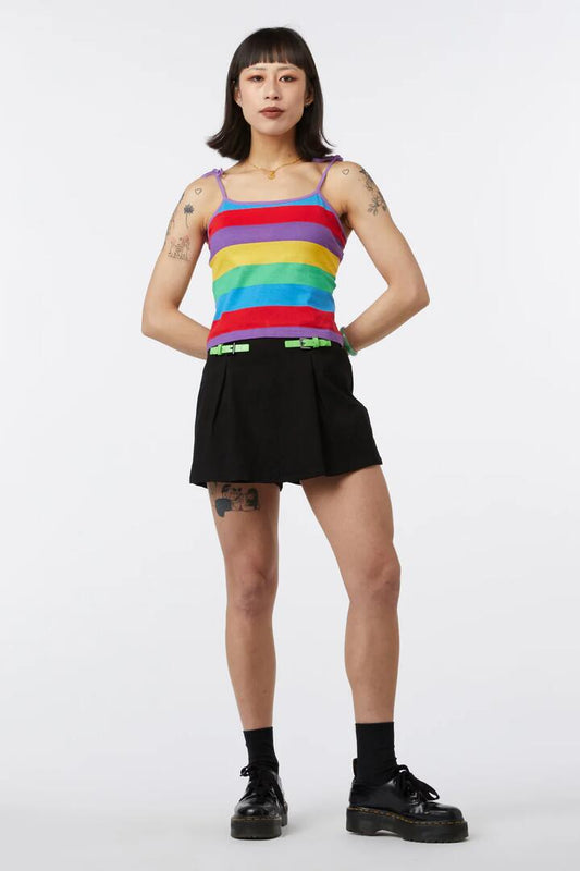 Image of a model wearing Tops. Productname: Rainbow Stripe Crop Singlet in Rainbow colour by brand - Dangerfield
