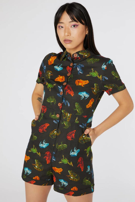 Image of a model wearing Dress. Productname: Frog Cotton Shirt Playsuit in Black colour by brand - Dangerfield