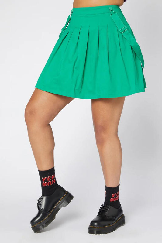 Image of a model wearing Dress. Productname: Time Out Pleated Twill Pinny in Green colour by brand - Dangerfield