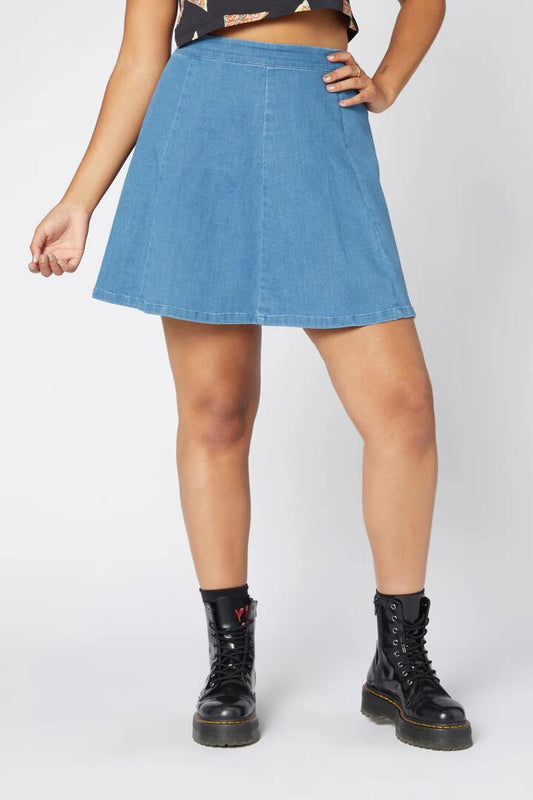 Image of a model wearing Denim. Productname: Skater Denim Mini Skirt in Black colour by brand - Dangerfield
