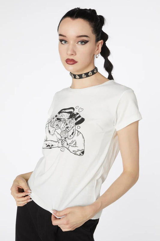Image of a model wearing Tops. Productname: Grindhouse Diner Printed Tee in Vintage White colour by brand - Dangerfield