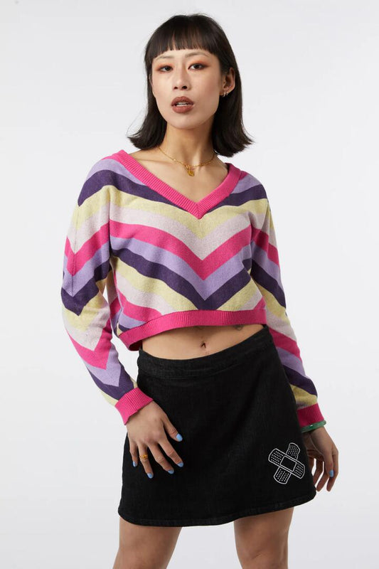 Image of a model wearing Tops. Productname: Groovey Cropped Knit in Multi colour by brand - Dangerfield