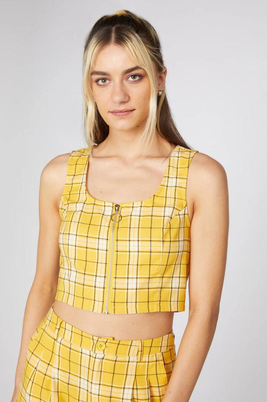Image of a model wearing Tops. Productname: Tartan Mood Bustier Top in Yellow colour by brand - Dangerfield