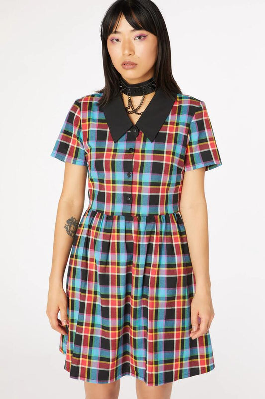 Image of a model wearing Dress. Productname: Rainbow Tartan Shirt Dress in Rainbow colour by brand - Dangerfield
