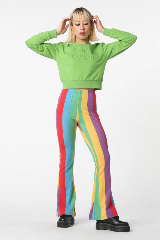 Image of a model wearing Pants. Productname: Rainbow Stripes Flare Pant in Rainbow colour by brand - Dangerfield
