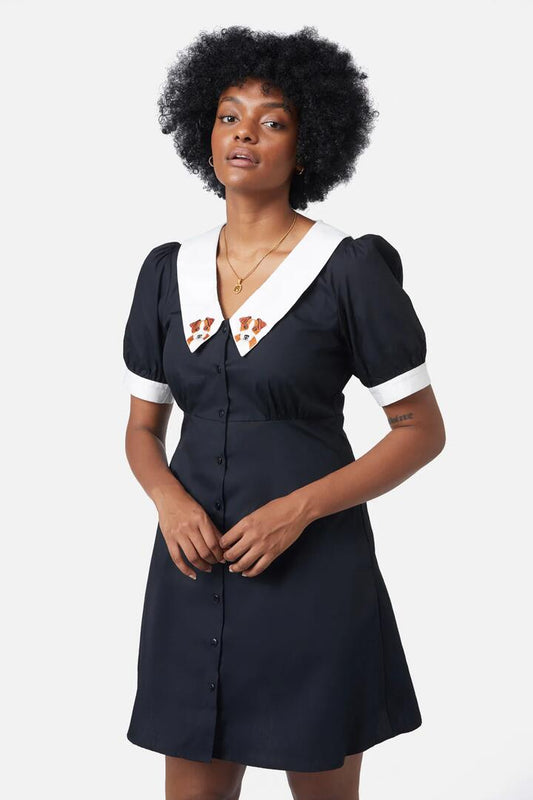 Image of a model wearing Dress. Productname: Puppy Embroidery Dress in Black colour by brand - Dangerfield