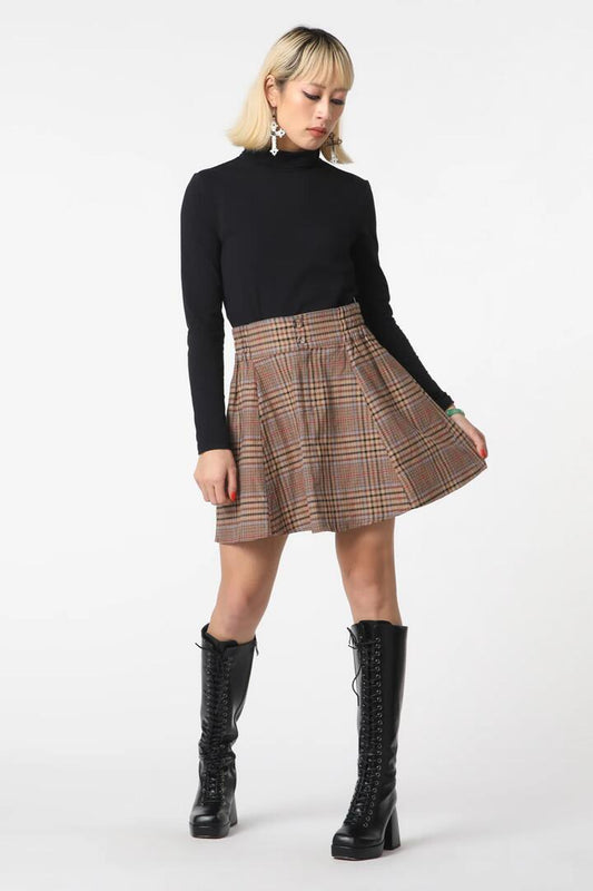Image of a model wearing Skirts. Productname: Shiloh Check Skater Skirt in Brown colour by brand - Dangerfield
