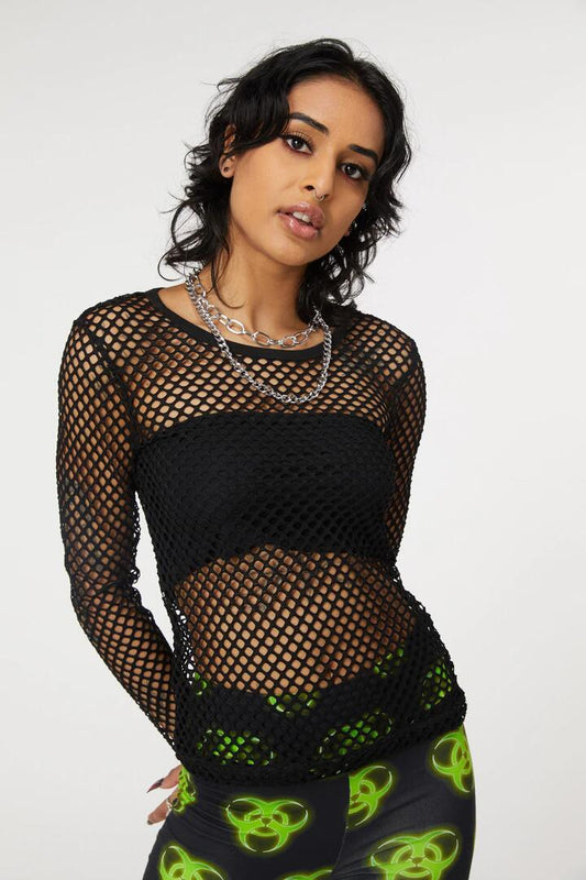 Image of a model wearing Tops. Productname: Basic Chunky Stretch Mesh Top in Black colour by brand - Dangerfield