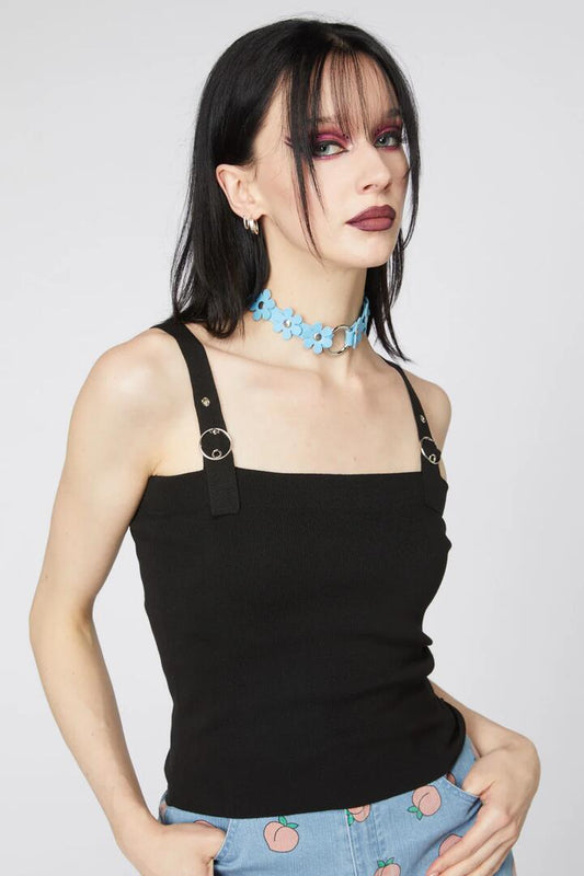 Image of a model wearing Tops. Productname: Basic Buckle Rib Knit Tank in Black colour by brand - Dangerfield