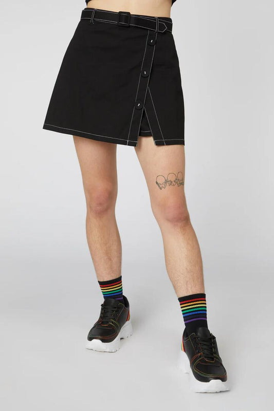 Image of a model wearing Skirts. Productname: Bad Guy Belted Twill Skort in Black colour by brand - Dangerfield