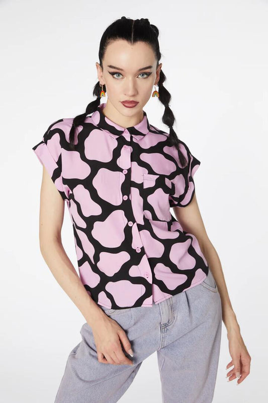 Image of a model wearing Tops. Productname: Skip Geo Boxy Collar Blouse in Black/Pink colour by brand - Dangerfield