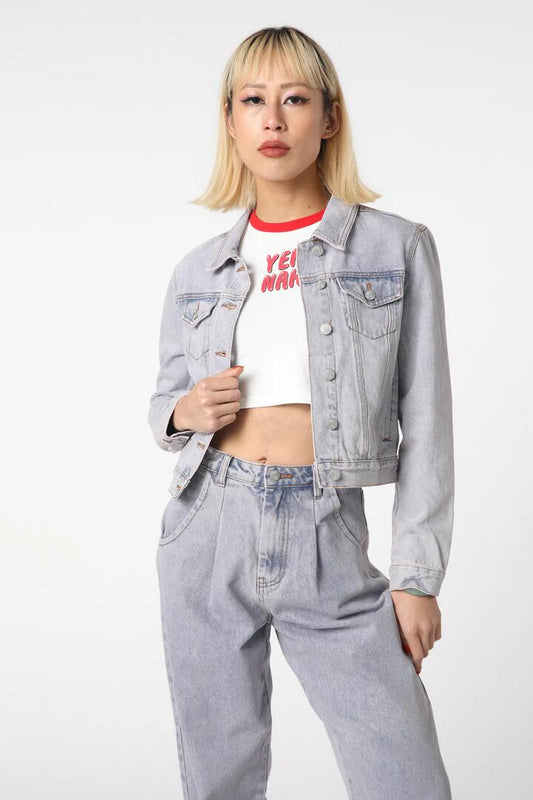 Image of a model wearing Denim. Productname: Dixie Denim Trucker Jacket in Pink/Blue colour by brand - Dangerfield