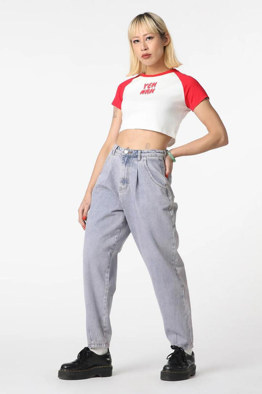 Image of a model wearing Denim. Productname: Dixie Denim Peg Leg Jeans in Pink/Blue colour by brand - Dangerfield