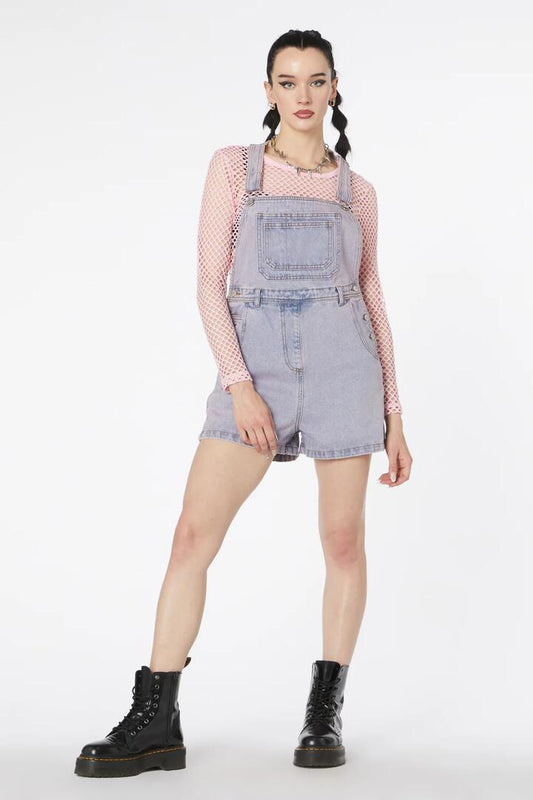 Image of a model wearing Denim. Productname: Dixie Denim Short Overall in Pink/Blue colour by brand - Dangerfield