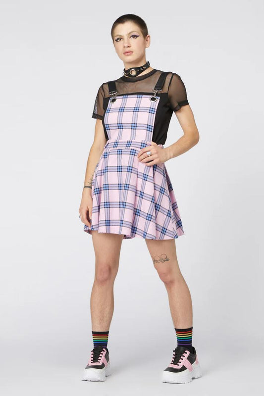 Image of a model wearing Dress. Productname: Pastel Tartan Pleated Pinny in Pink colour by brand - Dangerfield