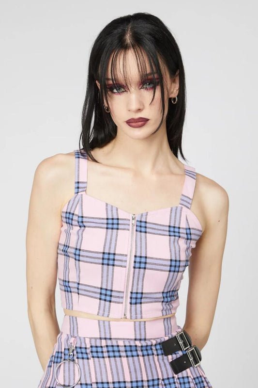 Image of a model wearing Tops. Productname: Pastel Tartan Strap Crop Top in Pink colour by brand - Dangerfield