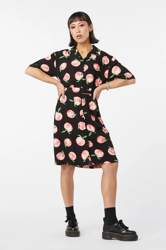 Image of a model wearing Dress. Productname: Peachy Viscose Shirt Dress in Black colour by brand - Dangerfield