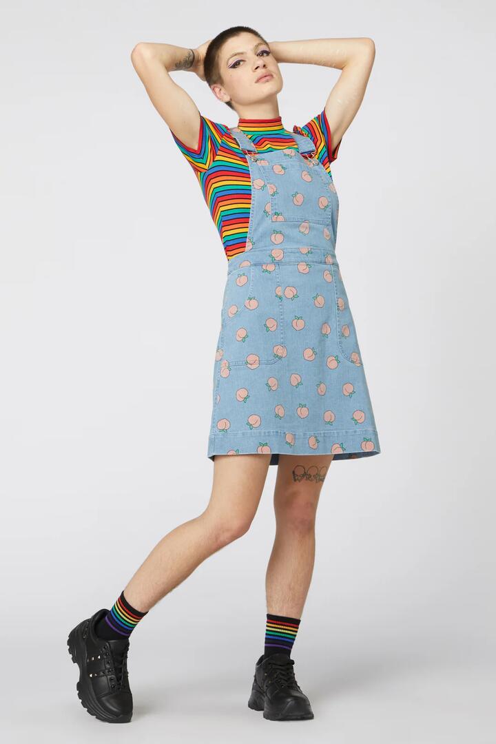 Image of a model wearing Denim. Productname: Denim Peach Bib Pinafore in Blue colour by brand - Dangerfield