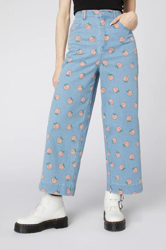 Image of a model wearing Denim. Productname: Denim Peach Wide Leg Jeans in Blue colour by brand - Dangerfield