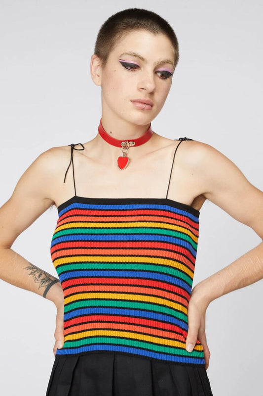 Image of a model wearing Tops. Productname: 90S Rainbow Knit Singlet in Rainbow colour by brand - Dangerfield
