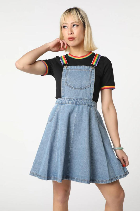 Image of a model wearing Denim. Productname: Denim Rainbow Strap Pinny in Blue colour by brand - Dangerfield