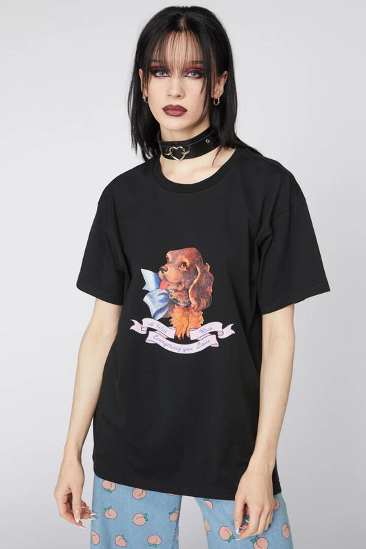 Image of a model wearing Tops. Productname: Sweet Dog Cotton Jersey Tee in Black colour by brand - Dangerfield