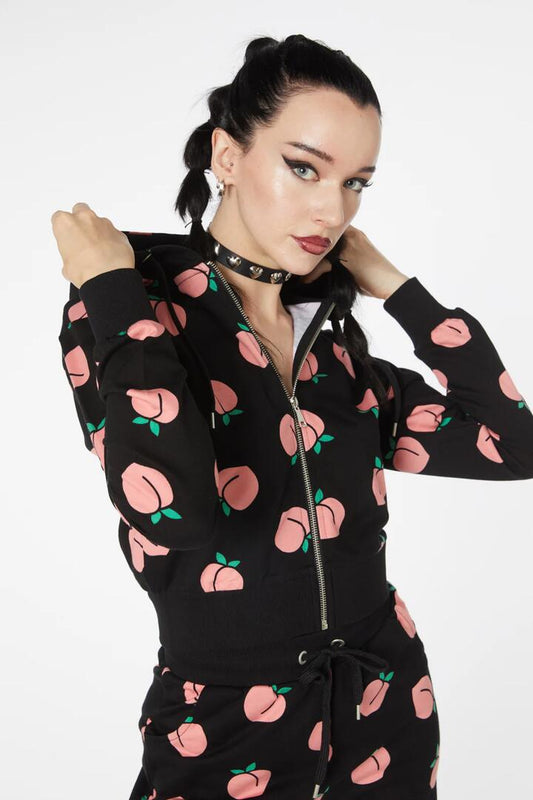 Image of a model wearing Outerwear. Productname: You Peach Cotton Hoodie in Black colour by brand - Dangerfield