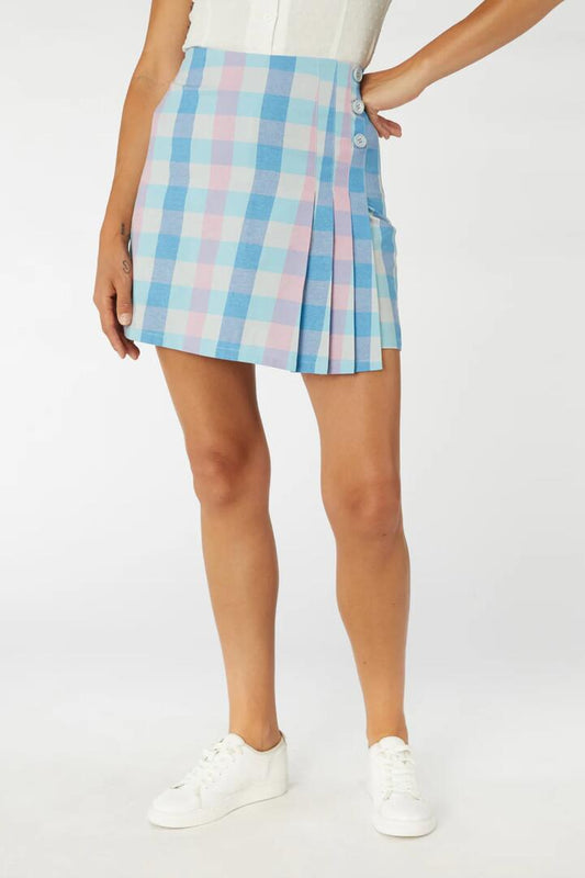 Image of a model wearing Skirts. Productname: Long Time No Sea Skort in Blue colour by brand - Revival