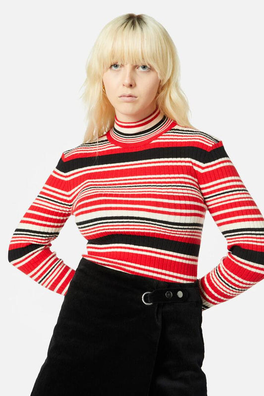 Image of a model wearing Tops. Productname: Burn Rubber Knit in Red colour by brand - Revival