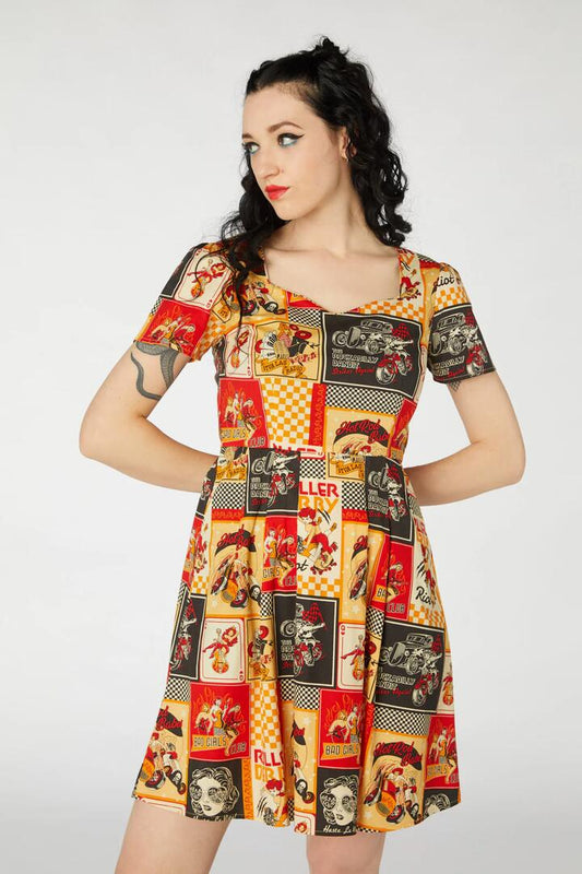Image of a model wearing Dress. Productname: Hot Rod Girls Dress in Black colour by brand - Revival