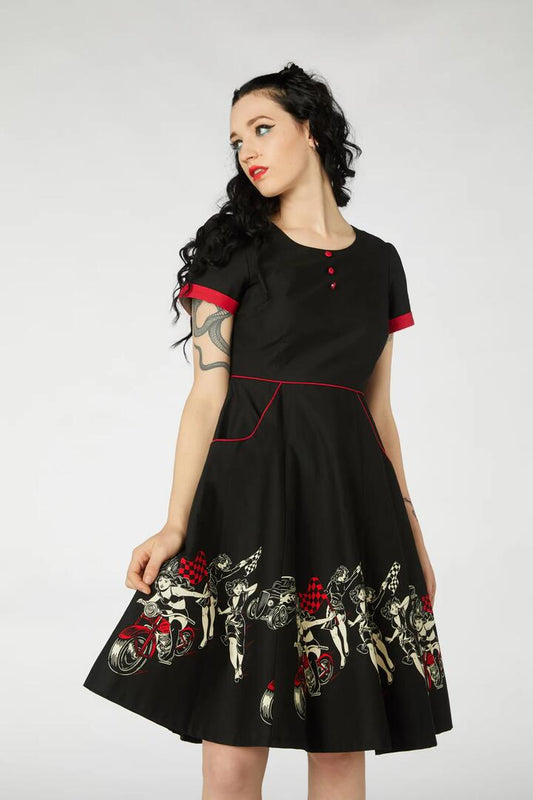 Image of a model wearing Dress. Productname: Cruisin For A Bruisin Dress in Black colour by brand - Revival