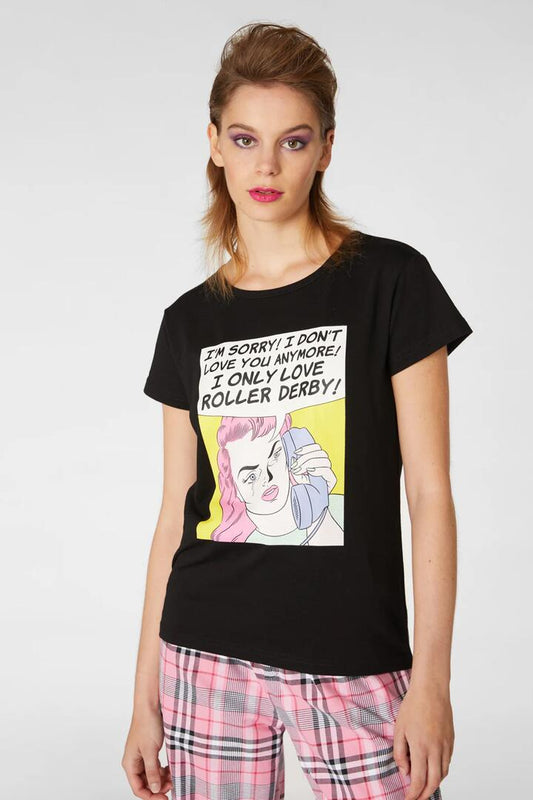 Image of a model wearing Tops. Productname: Roller Queen Tee in Black colour by brand - Revival