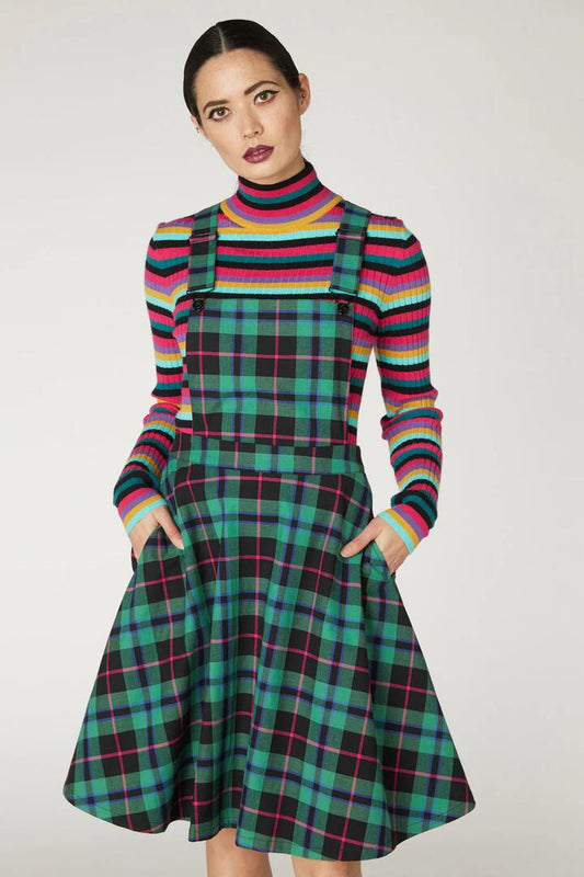 Image of a model wearing Dress. Productname: I've Fallen For You Pinafore in Green colour by brand - Revival