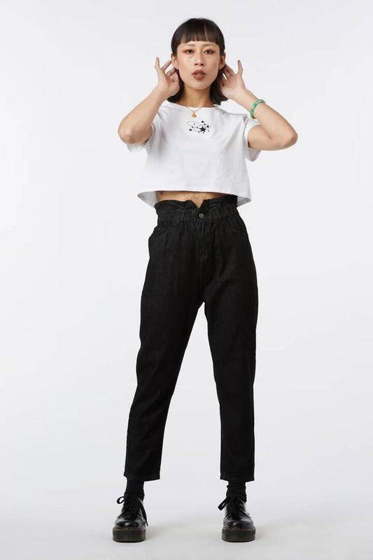 Image of Bags. Productname: Paper Bag Waist Denim Pant in Black colour by brand - Revival
