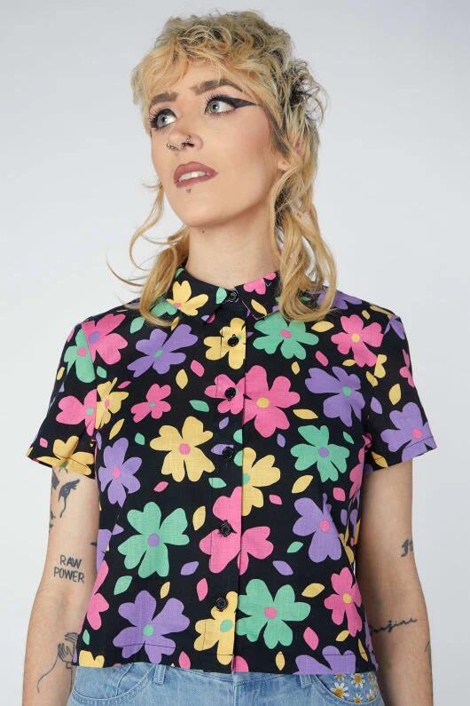 Image of a model wearing Tops. Productname: Floral SS Blouse in Black colour by brand - Revival