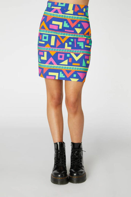 Image of a model wearing Skirts. Productname: Crazy Geo Mini Skirt in Purple colour by brand - Revival