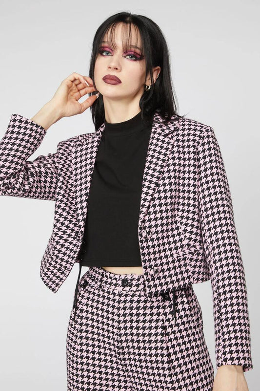 Image of a model wearing Outerwear. Productname: Houndstooth Check Blazer in Pink/Black colour by brand - Revival