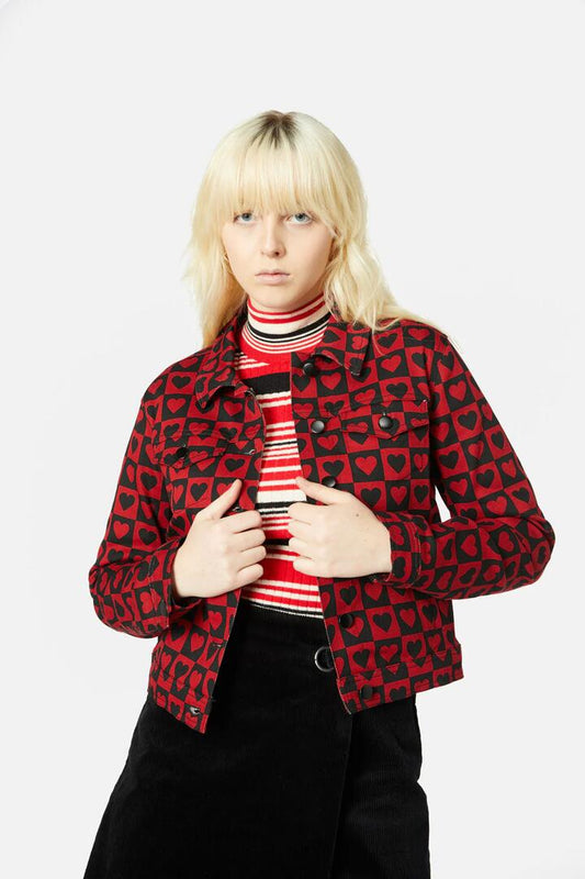 Image of a model wearing Outerwear. Productname: Lost In Love Jacket in Red/Black colour by brand - Dangerfield