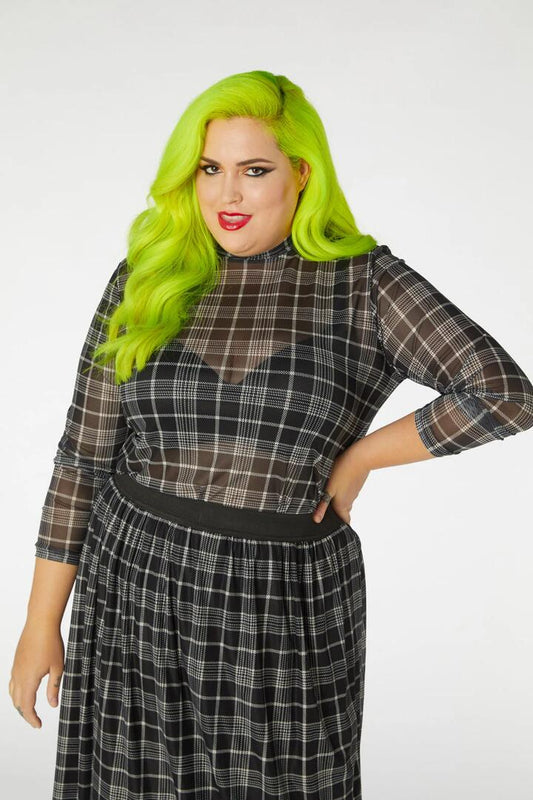 Image of a model wearing Tops. Productname: Double Trouble Mesh Top Curve in Black colour by brand - Dangerfield